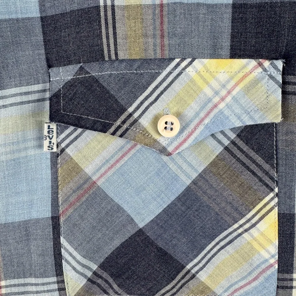 VTG Levis Shirt Mens Large Blue Yellow Plaid Button Up Long Sleeve Western Korea